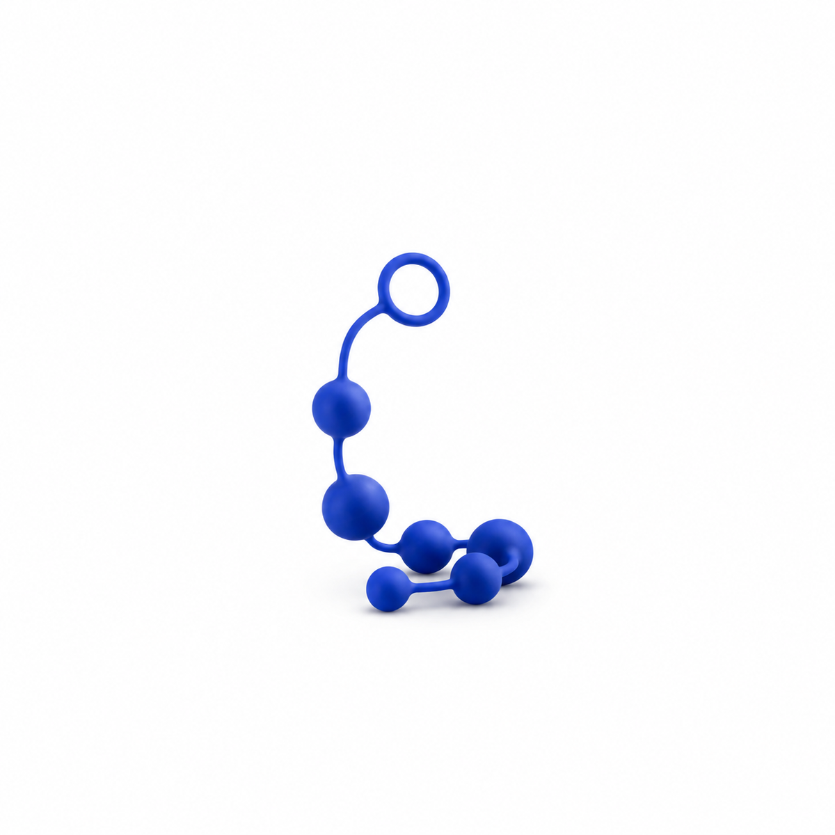 Blauwe siliconen kralenketting met meerdere ronde kralen en een ringvormig handvat.