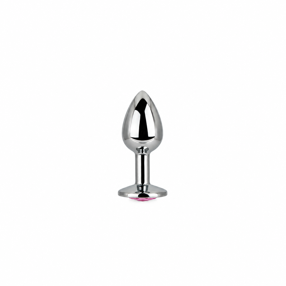 Zilverkleurige, metalen buttplug met een roze edelsteen op de basis.
