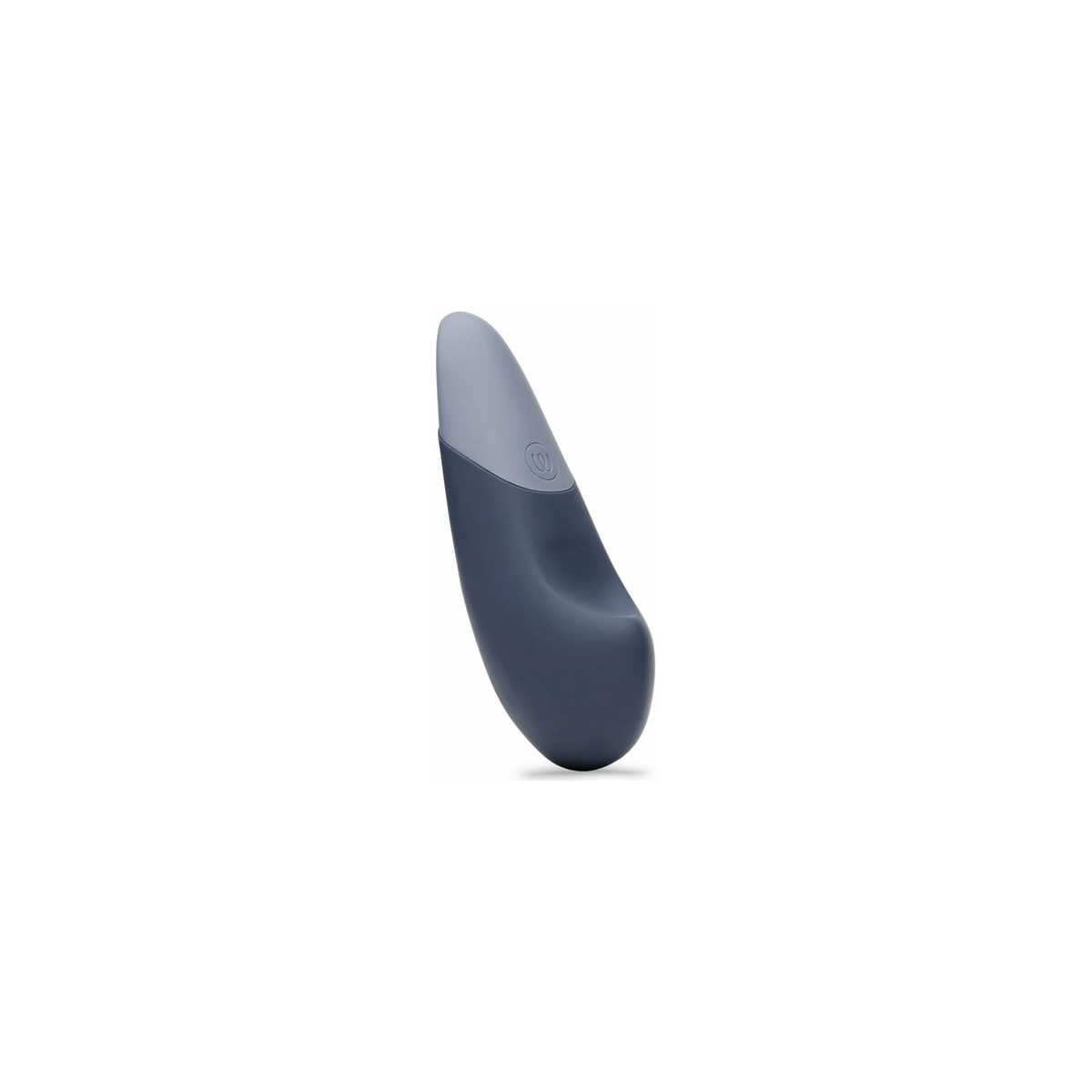 Donkerblauwe compacte vibrator met lichtgrijze bovenzijde en gebogen design.