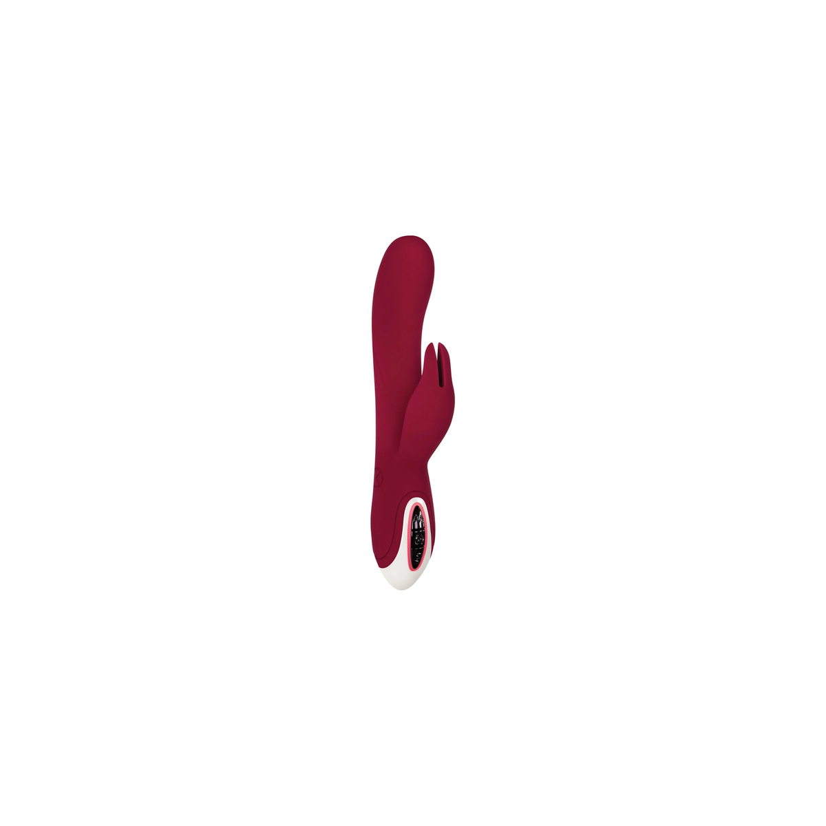 Bordeauxrode rabbit vibrator met dubbele stimulatie en zilverkleurige details.