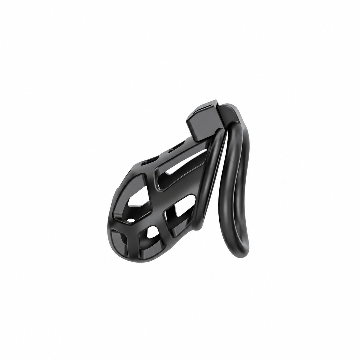 Zwarte anatomische kooi met minimalistisch design en verstelbare ring.