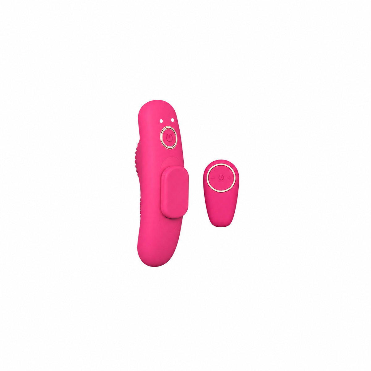 Roze wearable vibrator met bijbehorende afstandsbediening op witte achtergrond.