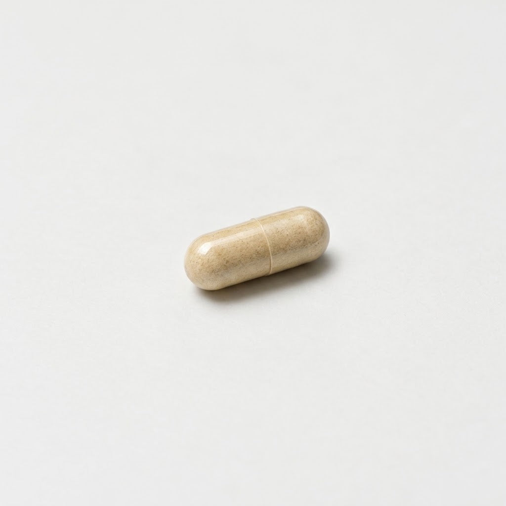 Detailopname van een transparante Ultra Gold prestatie capsule met natuurlijke kruidenvulling. – Azizii