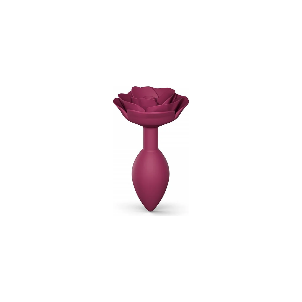 Bordeauxrode buttplug met decoratieve roosvormige bovenkant. 